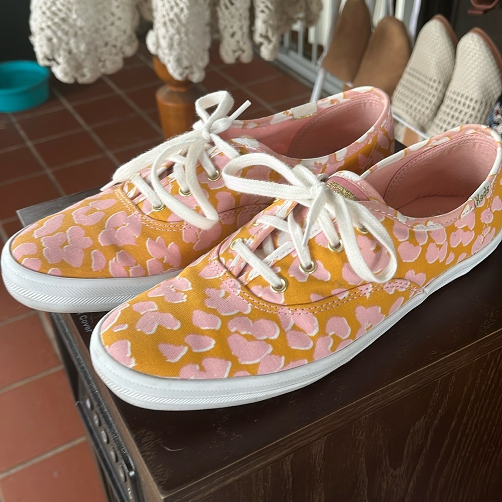 Keds, size 6.5, mustard yellow with pink cheetah print